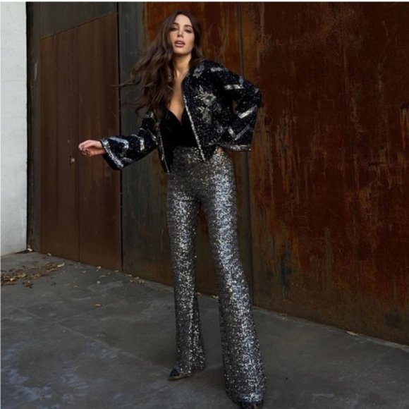 ZARA FLARED SEQUIN LEGGINGS - Picture 7 of 13